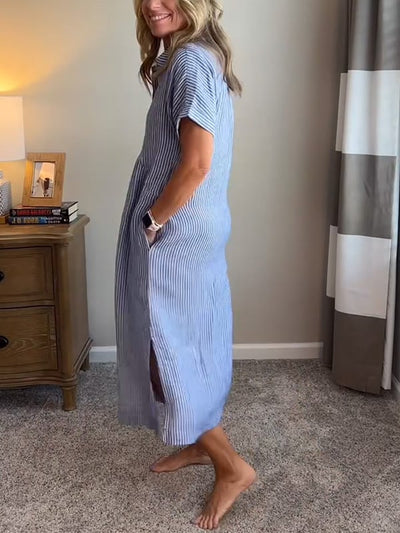 Vestido camisero largo elegante a rayas con bolsillos Marina™ 