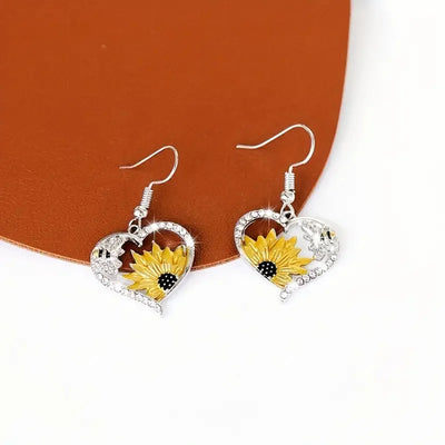 Pendientes colgantes vintage bohemios con girasol y abeja en forma de corazón 