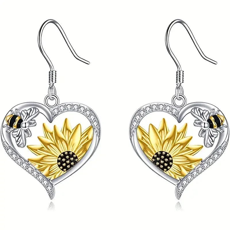 Pendientes colgantes vintage bohemios con girasol y abeja en forma de corazón 