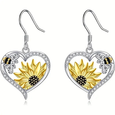 Pendientes colgantes vintage bohemios con girasol y abeja en forma de corazón 