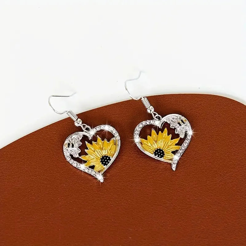 Pendientes colgantes vintage bohemios con girasol y abeja en forma de corazón 
