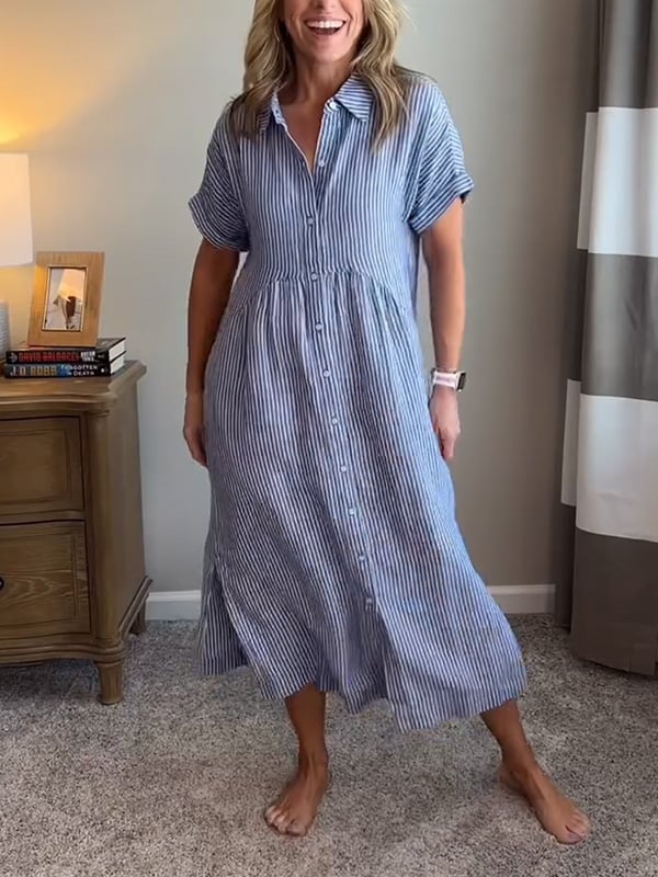 Vestido camisero largo elegante a rayas con bolsillos Marina™ 