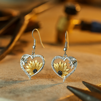Pendientes colgantes vintage bohemios con girasol y abeja en forma de corazón 