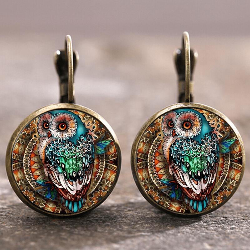 Pendientes vintage de búho de cristal redondeado