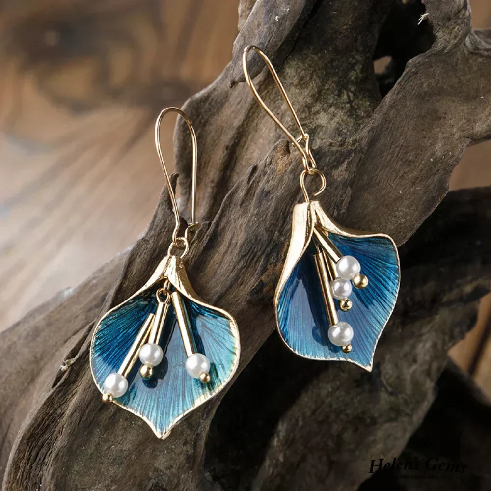 Pendientes vintage de plata con loto azul