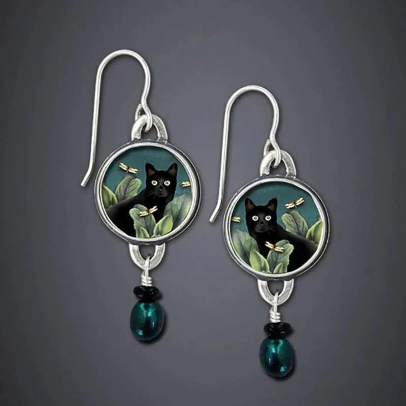 Pendientes colgantes vintage de gato negro