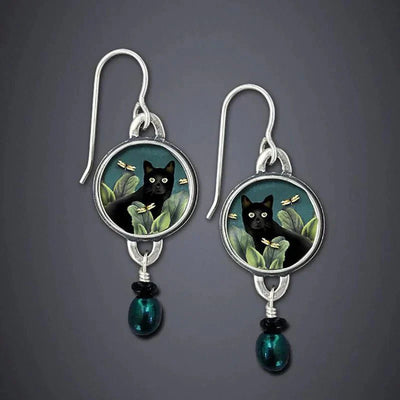 Pendientes colgantes vintage de gato negro